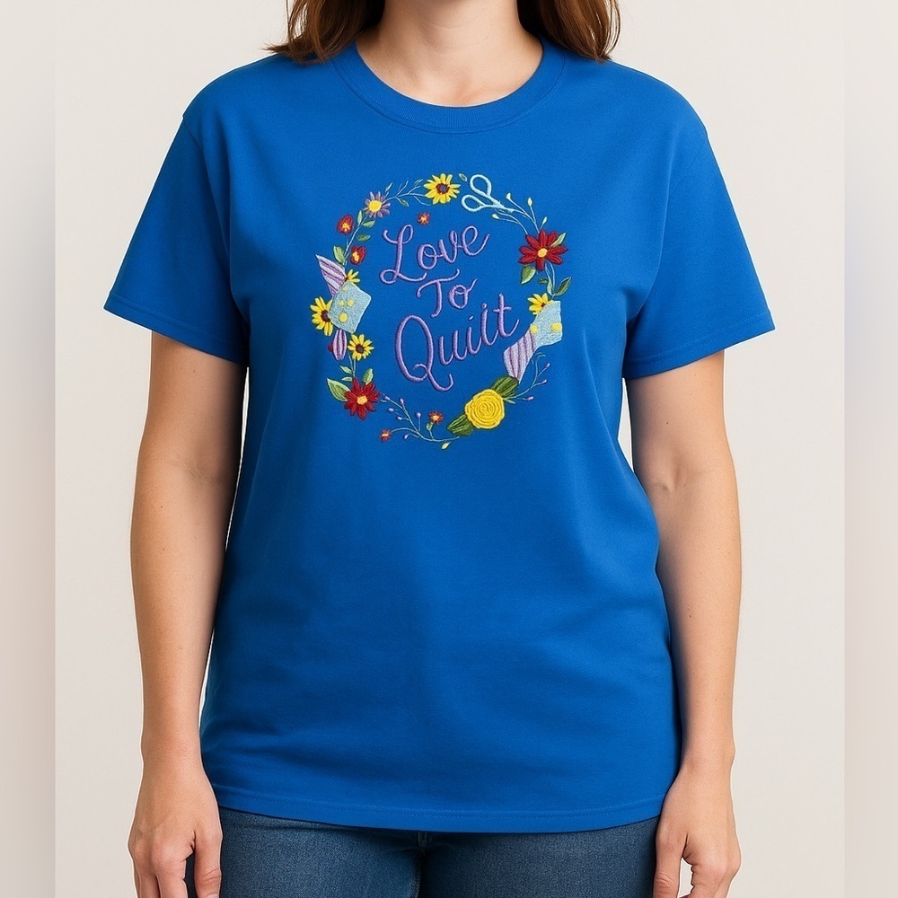 Gildan Love to Quilt Embroidered Graphic Tee XL Blue Sewing Quilting Grannycore
